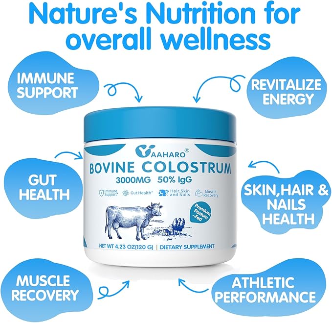 Colostrum Powder - Bovine Colostrum Supplement with Collagen Peptides for Women Men Grass Fed High IgG Superfood for Gut Health Immune Support Nail Hair Growth Easy to Mix Unflavored 4.23OZ
