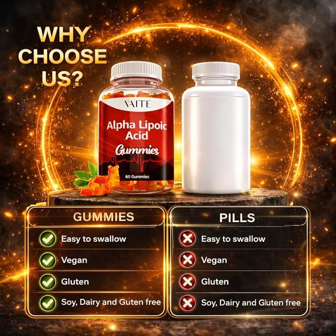 VAITE Alpha Lipoic Acid Gummies 1000mg ALA Supplement for Brain &amp Nerve Support Antioxidant Energy – Non-GMO Vegan Gluten-Free – 60 Chewables for Vitality and Comfort for Men &amp Women
