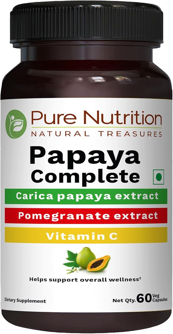 Pure Nutrition Papaya Complete - 60 Veg Capsules (Supports Platelet Immunity &amp Digestion) Each Capsule Contains 500mg Carica Papaya Fruit and Leaf Extract. Non-GMO | Gluten-Free