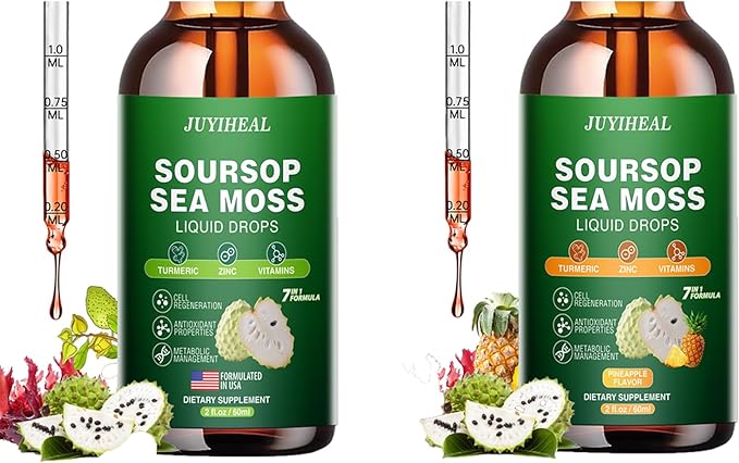 2 Flavors Unflavored &amp Pineapple丨 Soursop Graviola with Sea Moss Liquid Drops 7-in-1 Soursop Bitters Liquid for Digestive Antioxidant Cell Support &amp Regeneration