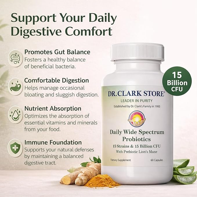 Dr Clark Store Daily Probiotics Deliver 15 Billion CFU 60 Capsules 30 Day Supply to Quickly Support Your Digestive System Balance Maximize Nutrient Absorption and Optimize Daily Gut Comfort