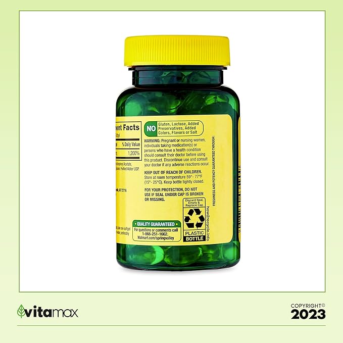 Spring Valley Vitamin E Heart Health Dietary Supplement Softgels 180 mg (400 IU) 200 Count 2-Pack + Exclusive VitaMax Vitamin Guide (3 Items)