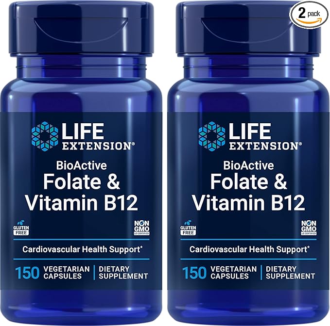 Life Extension BioActive Folate &amp Vitamin B12 150 Vegetarian Capsules (Pack of 2) Non GMO Gluten Free