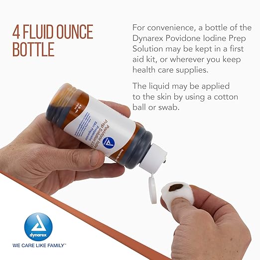 Dynarex Povidone-Iodine Prep Solution Antiseptic Solution for Skin and Mucosa Ideal for Surgical Site Preparation Contains Povidone Iodine 10%1 Case of 48 4 fl. oz. Bottles