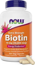 NOW Foods Extra Strength Biotin 10000mcg / 10 mg - 200 Count - Hair Skin Nail - Supplement for Men and Women - B7 Vitamin - Vegetarian Vegan Non-GMO