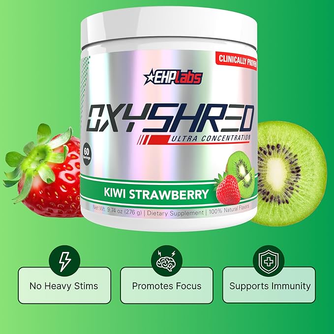 EHP Labs OxyShred Pre Workout Powder - Preworkout Powder with L Glutamine &amp Acetyl L Carnitine Energy Boost Drink - Kiwi Strawberry 60 Servings