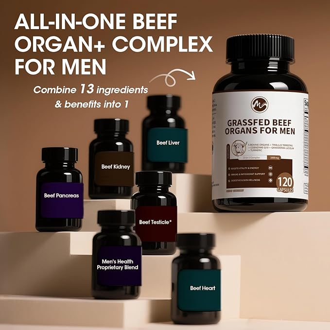 M inch Beef Organs Supplement Beef Liver Capsules with Kidney Pancreas Tribulus Terrestris CoQ10 Zinc &amp Magnesium for Men's Vitali*ty Energ*y Immune Support Gluten-Free Non-GMO 240 Cou