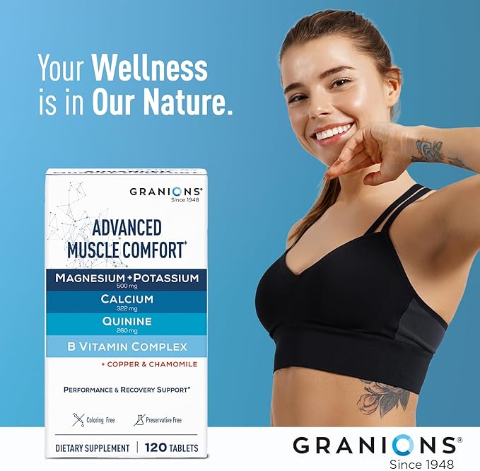 Granions Advanced Muscle Comfort - Natural Muscle Relaxer Pills Support - Quinine Magnesium Potassium B Vitamins Chamomile CoQ10 - Immediate Muscle Relaxation and Comfort - 120 Tablet 30 Serving