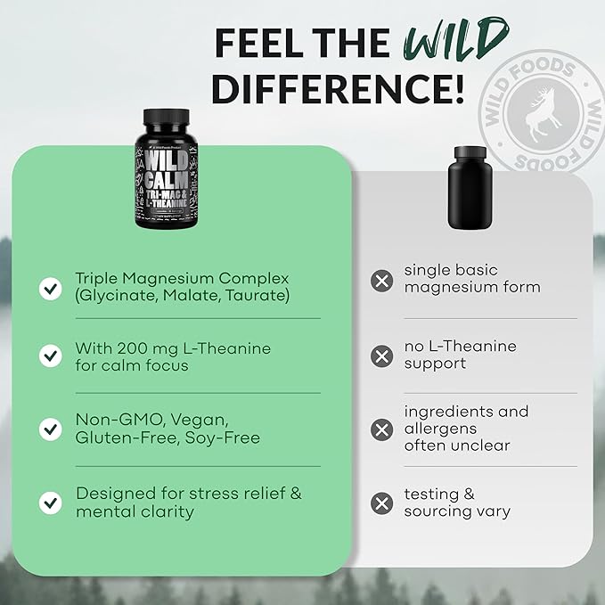 Wild Foods 3 in 1 Magnesium Glycinate L Theanine for Calm Sleep &amp Muscle Relaxation - Glycinate Malate Taurate - 100% Natural Magnesium Complex for Women and Men - 60 Capsules