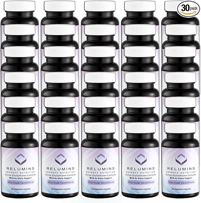 Relumins Advance White Active Glutathione Complex - Max Dose 900mg Glutathione with 6X Boosters ALA &amp NAC - Inner Glow Mother's Day Wellness Anti-Aging &amp Skin Supplement - 60 Caps x 30 Bottle