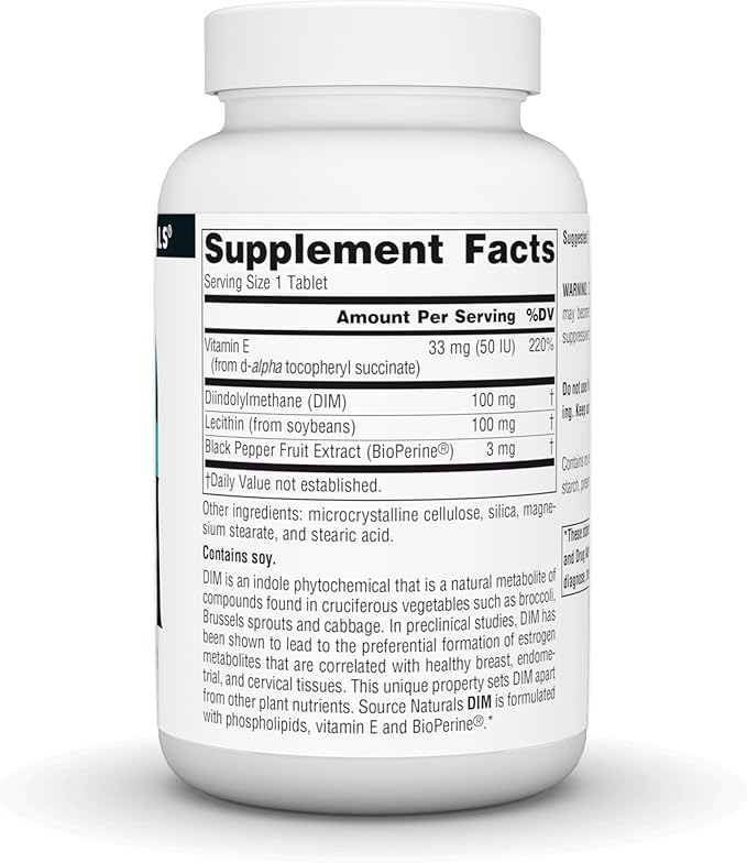 Source Naturals DIM Diindolylmethane 100mg with BioPerine Vitamin E &amp More - 120 Tablets
