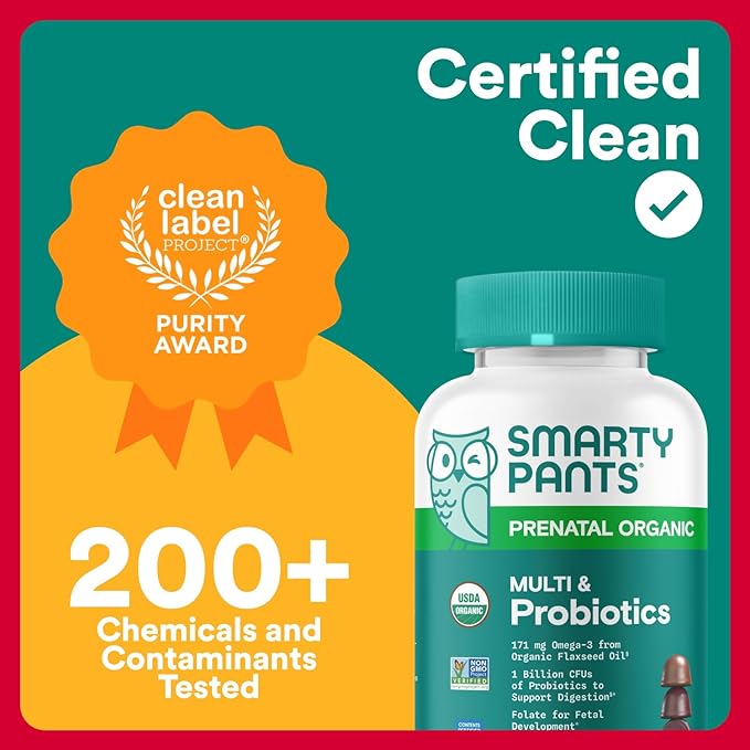 SmartyPants Organic Prenatal Vitamins for Women Multivitamin: Probiotics Biotin Methylfolate Omega3(ALA) VitaminD3C VitaminB12 B6 A K2 &amp ZincCholine (30 Day Supply) 120 Count (Pack of