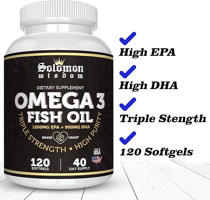 SOLOMON WISDOM Omega 3 Fish Oil - Dietary Supplement for Healthy Heart &amp Brain - 120 Soft Gel Capsules with High EPA 1200mg &amp DHA 900mg - Burpless Odorless with Natural Lemon Flavor