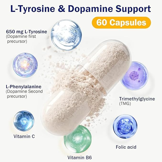Dopamine Brain Supplement with L-Tyrosine 650mg | Cognitive Function Focus &amp Mood Support | Neurotransmitter &amp Mental Energy Booster | 60 Capsules