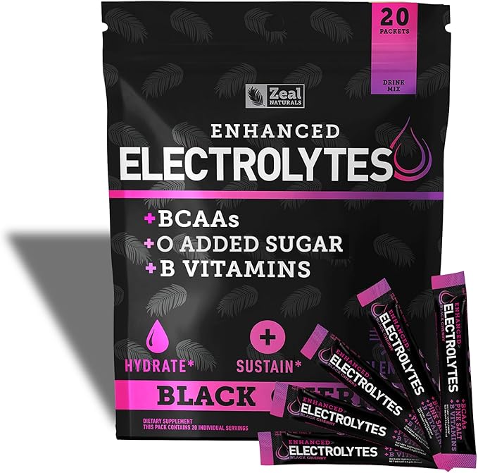 Enhanced Electrolyte Powder Stick Packs (Black Cherry | 20 Packets) w/ 0 Sugar +BCAAs +B-Vitamins Electrolyte Supplement w Potassium Zinc &amp Magnesium for Hydration - Keto Electrolytes