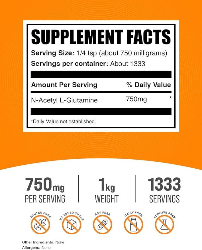 BulkSupplements.com N-Acetyl L-Glutamine Powder - Glutamine Supplement L Glutamine Powder - Gut Health &amp Recovery Glutamine 750mg - Gluten Free 750mg per Serving 1kg (2.2 lbs)