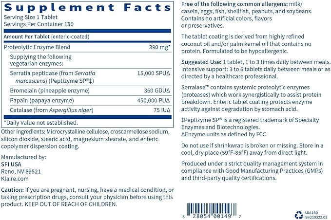 Klaire Labs Interfase Plus (120 Capsules) + Serralase (180 Tablets) - Multi-Enzymes Serratia Peptidase &amp Bromelain 'Digestive Enzymes - Gastrointestinal System Gut Flora Biofilm &amp Detox
