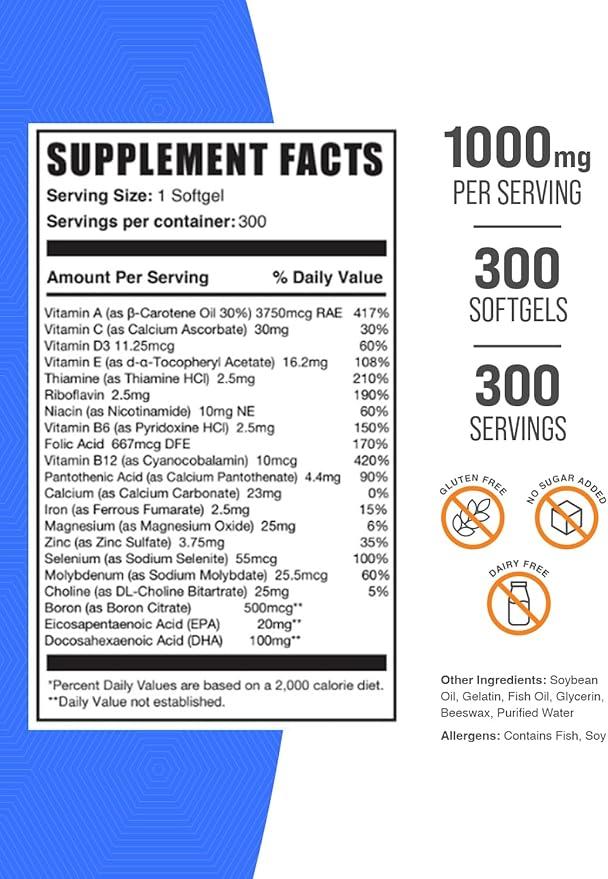 BulkSupplements.com Multivitamin for Women Softgels - Women's Multivitamin with Iron Multimineral Supplement with Fish Oil - Gluten Free 1 Softgel per Serving 300 Count (Pack of 1)