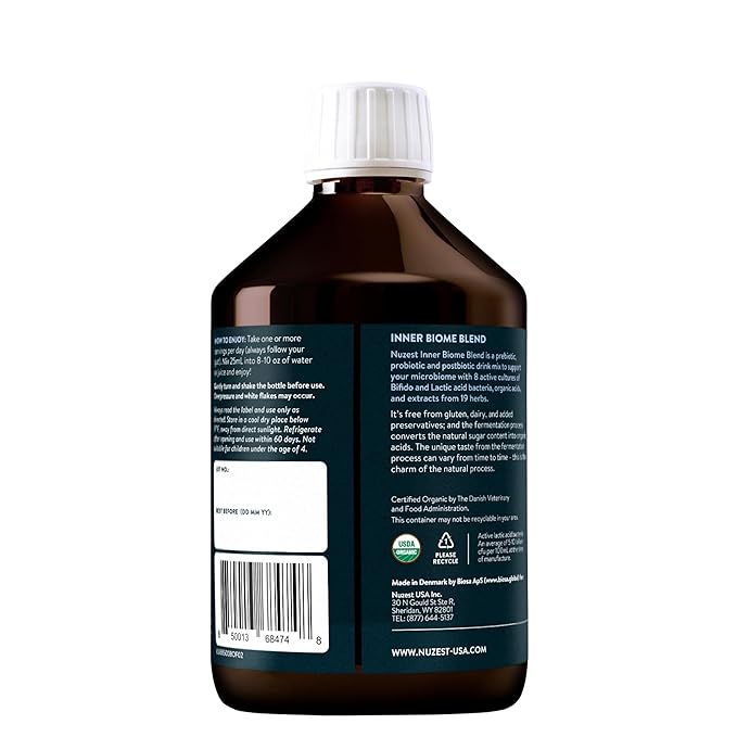 Nuzest - Inner Biome Blend – Prebiotic Probiotic &amp Postbiotic Liquid Drink Mix – Microbiome Support – 8 Microbiotic Cultures 19 Fermented Herbs - Vegan - Organic - Original Flavour 16.9 fl.oz/ 5