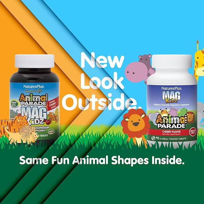 NaturesPlus Animal Parade MagKidz Natural Cherry Flavor - 90 Animal-Shaped Chewable Tablets - Pack of 2 - Bone &amp Muscle Health Support - Non-GMO Vegan Gluten Free Sugar Free - 90 Total Servin