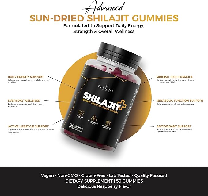 1000mg Sundried Himalayan Shilajit Gummies for Men &amp Women | 100% Organic Non-GMO Raspberry Flavor with 85+ Trace Minerals &amp Fulvic Acid for Energy &amp Immunity – 50 Gummies