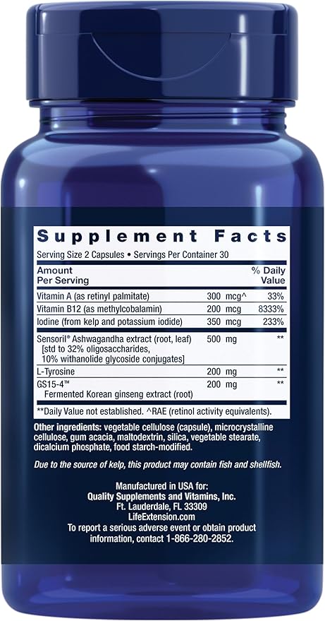 Life Extension Thyroid Support Complex - Thyroid Health Support Supplement with Vitamins A B Iodine Magnesium L-Tyrosine Ashwagandha &amp Ginseng for Energy – Non-GMO Gluten-Free - 60 Capsules