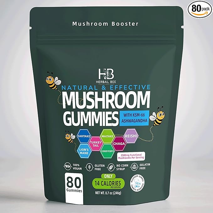 Organic Ashwagandha &amp Lions Mane Mushroom Gummies - Reishi Cordyceps Turkey Tail Maitake Shitake &amp Chaga Immune Support &amp defense Brain Boost Vegan All-in-One Superfood supplement