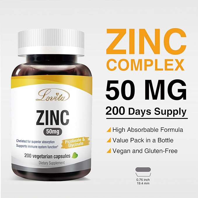 LOVITA Zinc 50mg | Potent Highly-Absorbed Chelated Zinc Supplements Picolinate &amp Bisglycinate | Vegan Gluten Free non-GMO | For Immune Antioxidant Support &amp Healthy Skin | 200 Capsules (Pa