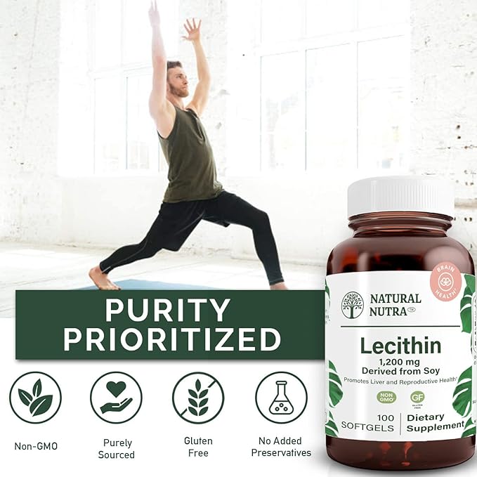 Natural Nutra Soy Lecithin 1200 mg Dietary Supplement - Brain Function Liver Health Hepls Breast Health Memory Boosting Supplement - Gluten-Free BPA-Free 100 Softgels in Recyclable Glass Bottles