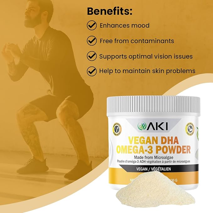 AKI Omega 3 DHA Micro Algae Powder Supplements - Plant Based Keto Vitamin - Alternative to Fish or Krill Oil - Vegan &amp Non-GMO (4.58oz/130g)