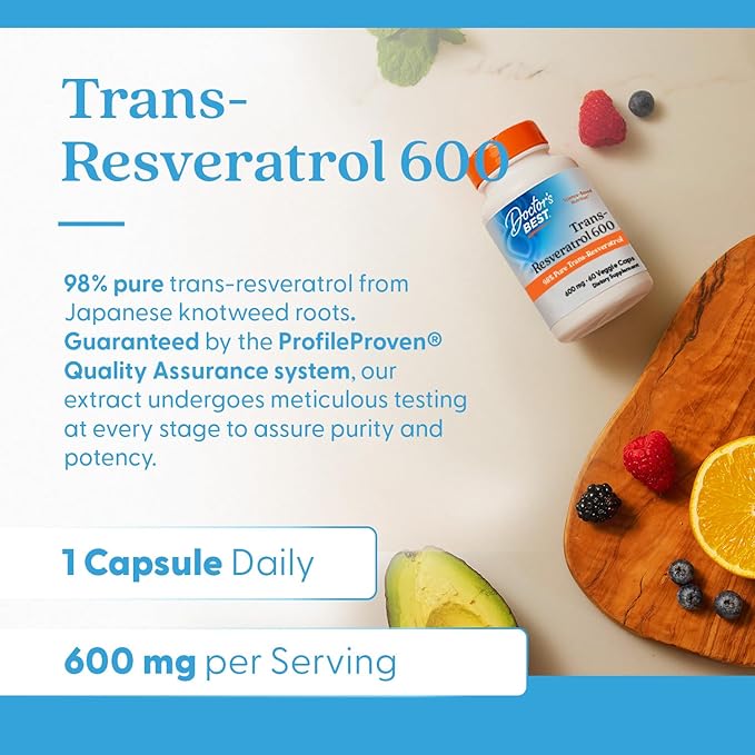 Doctor's Best Trans Resveratrol Supplement 600 mg for Men &amp Women - 98% Pure Trans-Resveratrol Capsules for Nutrition Health &amp Wellness Support Vegan Gluten Free Non GMO - 60 Veg Caps