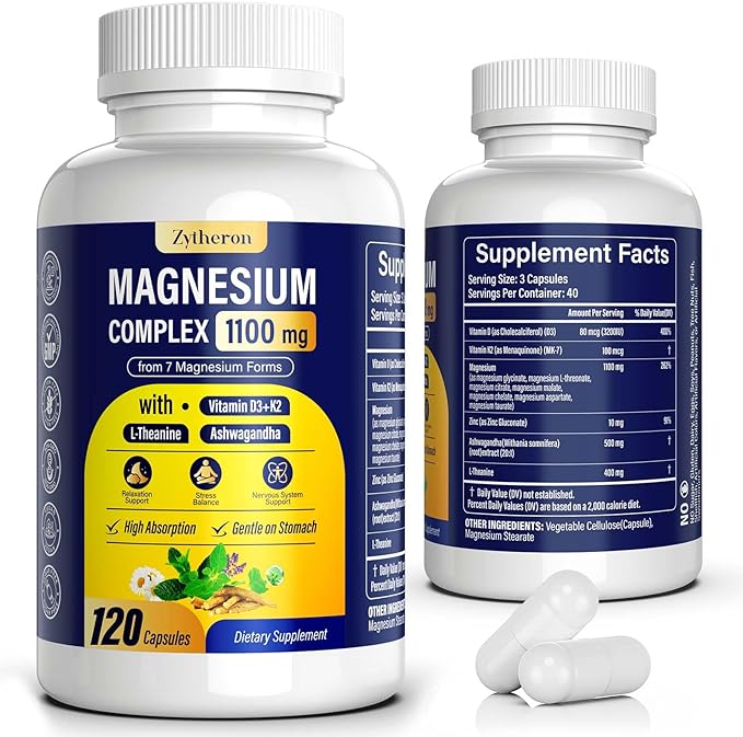 Magnesium Complex for Women &amp Men 1100mg 7-in-1 Magnesium Supplement with Ashwagandha &amp L-Theanine for Calm &amp Sleep Support High Absorption Vegan 120 Capsules