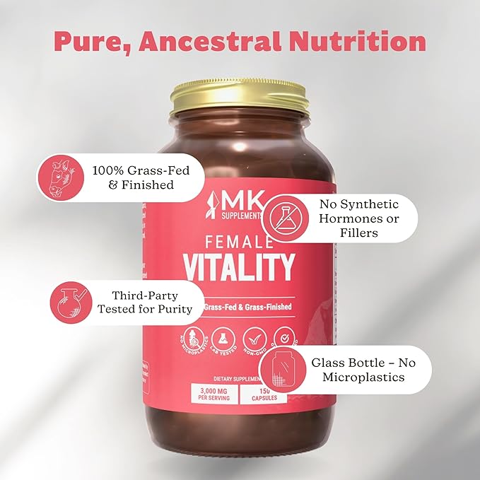 MK Supplements Female Vitality | Grass-Fed Beef Organs for Women | Spleen Uterus Ovaries Fallopian Tubes &amp Kidney | No Phytoestrogens | 150 Capsules