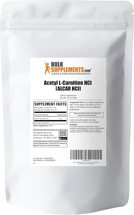 BulkSupplements.com Acetyl L-Carnitine Powder - as ALCAR HCl Carnitine Supplement - Gluten Free 1.5g per Serving 250g (8.8 oz) (Pack of 1)
