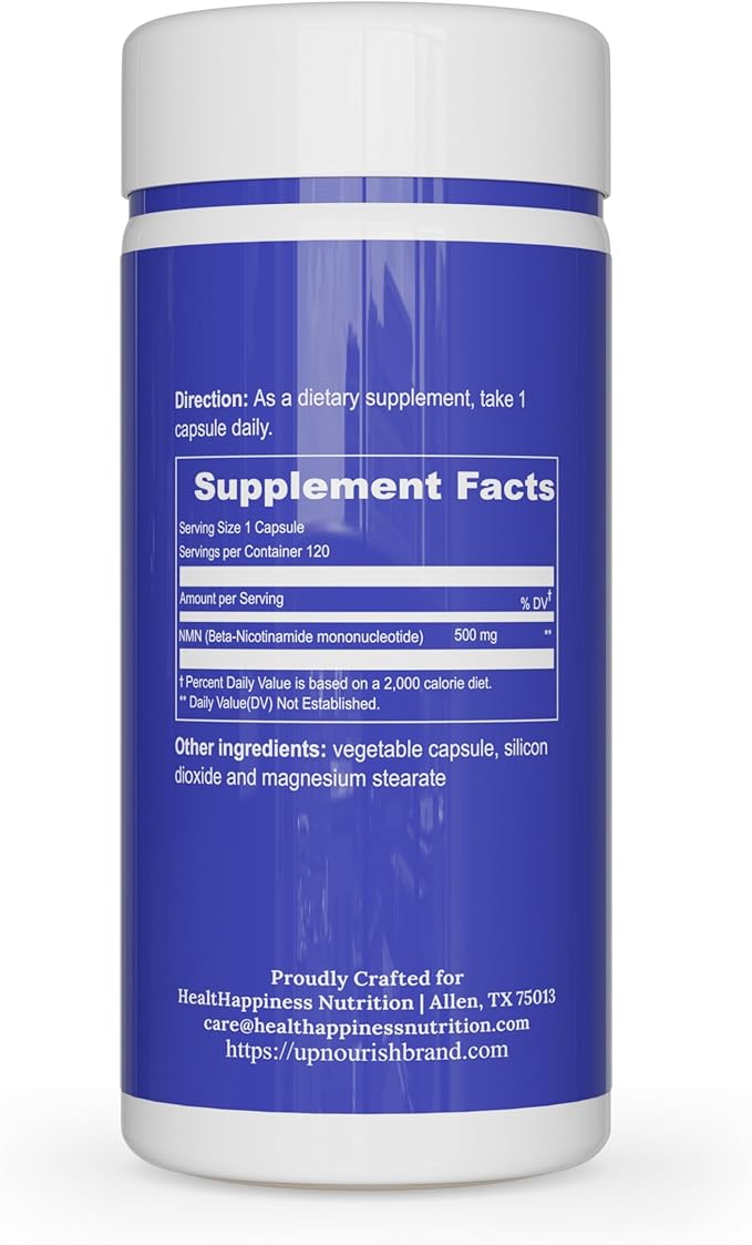 UpNourish NMN 500mg 120 Capsules - Beta Nicotinamide Mononucleotide NAD Supplement - Nicotinamide Riboside Alternative for Women &amp Men