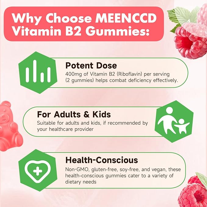 MEENCCD Vitamin B2 Gummies Riboflavin 400mg Supplement with Magnesium for Kids &amp Adults B2 Gummies for Migraine Relief &amp Nervous System Support Vegan Sugar-Free Raspberry Flavor 60 Count