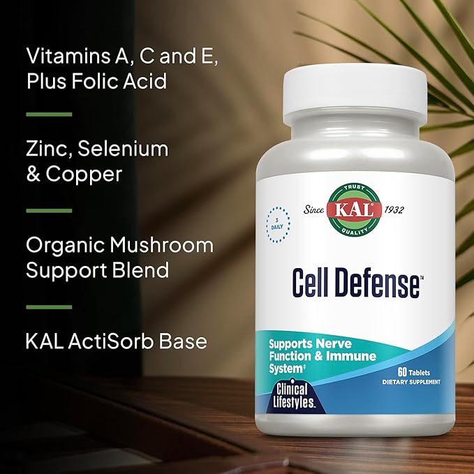 KAL Cell Defense Tablets - Mushroom Complex Supplement for Women &amp Men Beta Carotene Vitamins C E &amp B-12 Organic Reishi Maitake &amp Shiitake Blend Cellular Wellness Booster for Adult