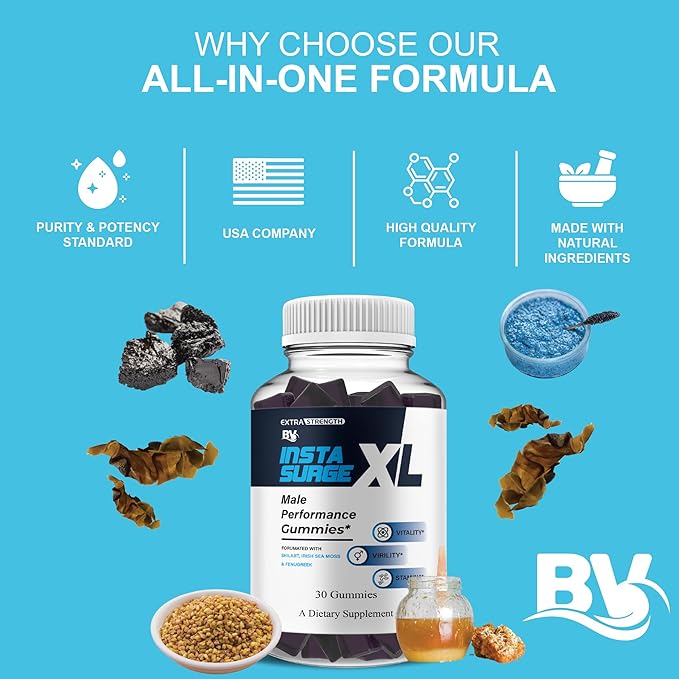 BLUE VIBE Insta Surge XL Performance Gummies InstaSurgeXL Advanced Overall Health and Daily Natural Performance Formula Supplement InstaSurge XL Maximum Support (3 Pack - 90 Gummies)