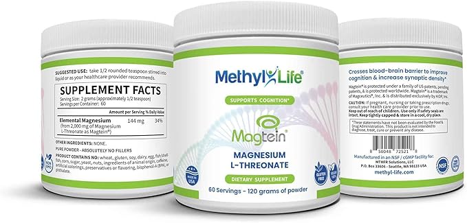 Methyl-Life® Magtein® Magnesium L-Threonate Powder – Brain-Preferred Magnesium for Superior Absorption &amp Purity | 120g (60 Servings) | Non-GMO Gluten-Free Filler-Free
