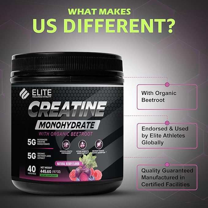 Elite Wellness Berry Flavor Creatine Monohydrate with Organic Beetroot Supplement - Supports Muscle Strength Stamina Cognitive Function &amp Athletic Performance Gluten &amp Dairy Free NSF Quali