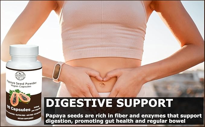 Papaya Seed Powder Capsules | High Papaya Enzyme (Papain) Content | Gluten &amp Lactose Free | Non-GMO | No Additives | Vegan | Nutritional Supplement | Quality Controlled (90 Capsules)