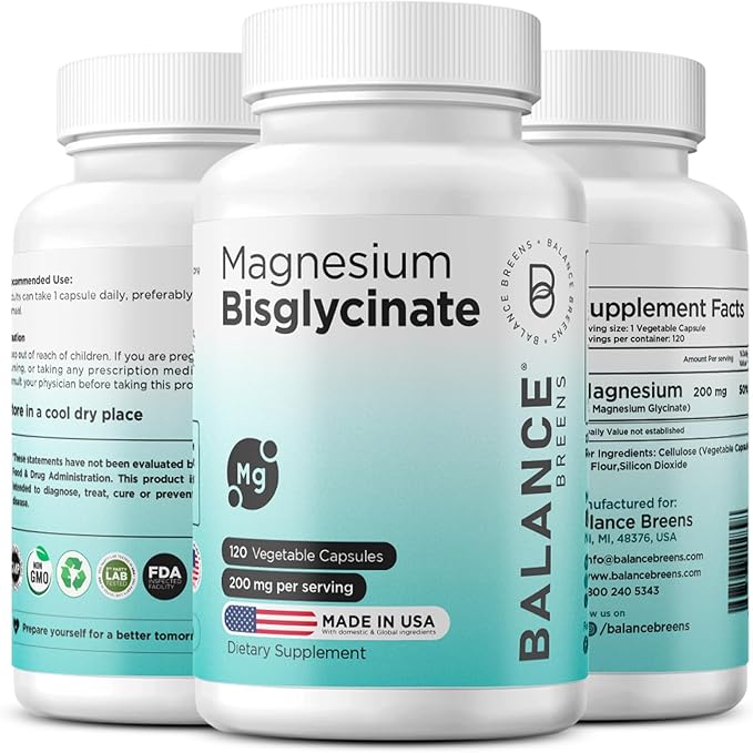 Balancebreens Magnesium Glycinate 200mg - Magnesium Bisglycinate Chelated Supplements for High Absorption - Non GMO and Gluten Free Gentle on Stomach for Restful Sleep and Muscle Support 120 Count