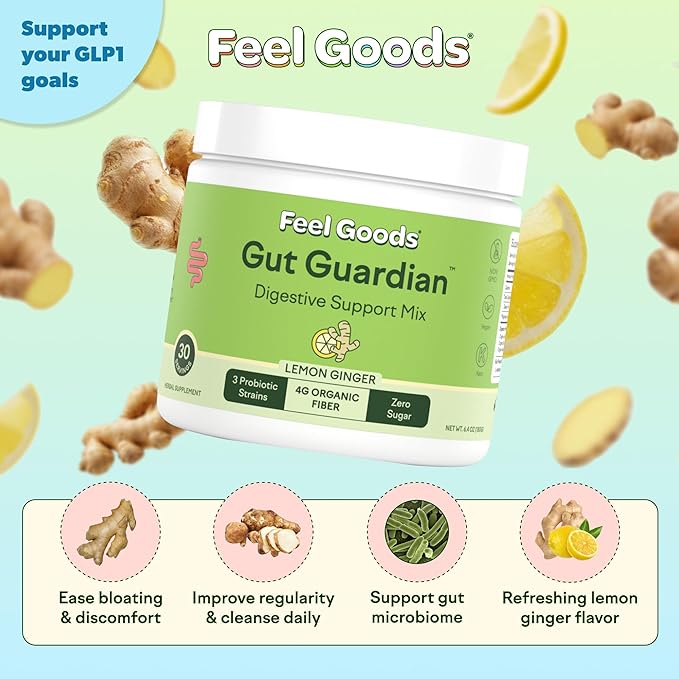 Feel Goods Gut Guardian Gut Health Powder Drink Mix - Probiotic Fiber Powder with Prebiotics &amp L Glutamine for Digestive Health Bloating Relief &amp Digestion Support - Zero Sugar &amp Organic