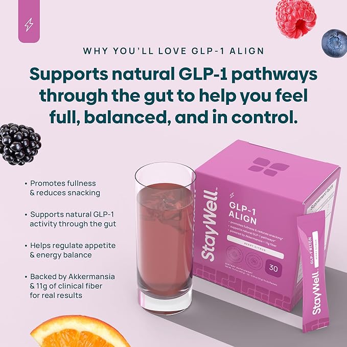 Stay-Well Naturals GLP-1 Probiotic | Akkermansia GLP-1 Supplement Fiber GLP 1 Booster | Probiotic and Fiber Support with Inulin Psyllium PHGG and Soothing Ginger Extract - Berry Citrus 30 Ct.