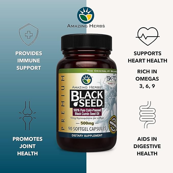 Amazing Herbs Premium Black Seed Oil Capsules - Gluten Free Non GMO Cold Pressed Nigella Sativa Aids in Digestive Health Immune Support- 90 Count (Pack of 2)