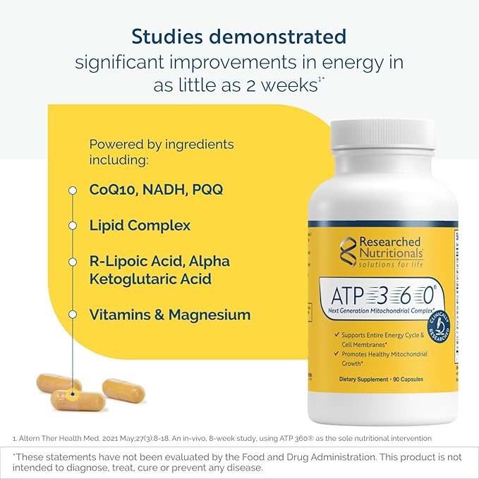 Researched Nutritionals ATP 360 - Mitochondrial Supplements to Support Entire Energy Cycle &amp Cell Membranes - Clinically Researched ATP Supplements High Dose CoQ10 R-Lipoic Acid &amp PQQ 90 Ca