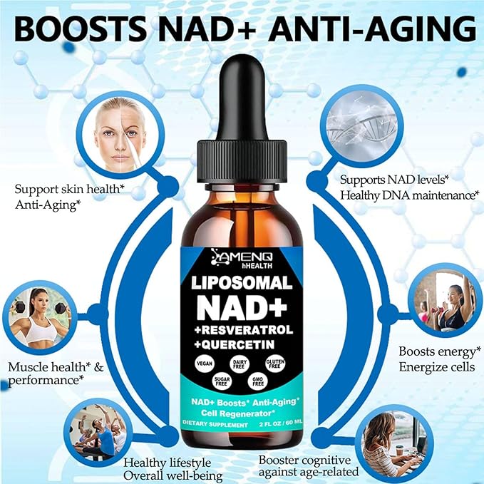 NAD Supplement Liposomal NAD Nicotinamide Riboside Resveratrol 900mg Quercetion TMG Vitamin B3 High Potency NAD Plus Liquid Supplement for Cell Regenerator Longevity Energy Anti-Aging Focus