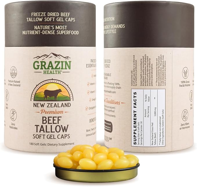 Grass-Fed Beef Tallow Capsules – 3000 mg Per Serving | Pasture-Raised Grass-Finished (New Zealand) | Non-GMO No Fillers or Flow Agents | cGMP Manufactured | 30-Day Supply