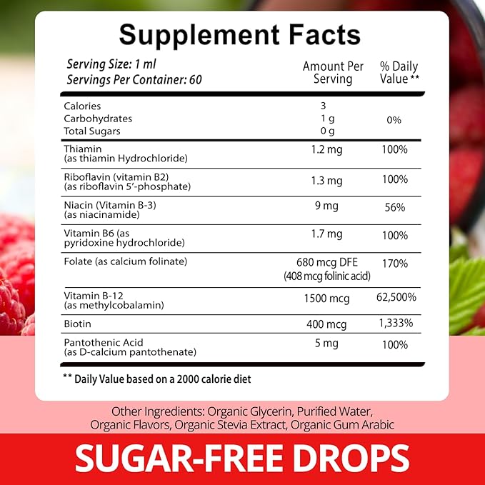 2 Pack Vitamin B Complex 20000 mcg - Vitamin B12 Sublingual Methylcobalamin Extra Strength Raspberry Liquid Drops for Women and Men - USA Made B1 B2 B3 B5B6 Biotin Folic Acid | 4fl oz (120ml)