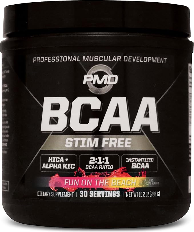 PMD Sports BCAA Stim-Free Amino Acids - Better Workout Performance Enhanced Recovery Daily Energy Muscle Builder and Muscle Sparing - BCAA Powder Drink Mix - Fun on the Beach (30 Servings)